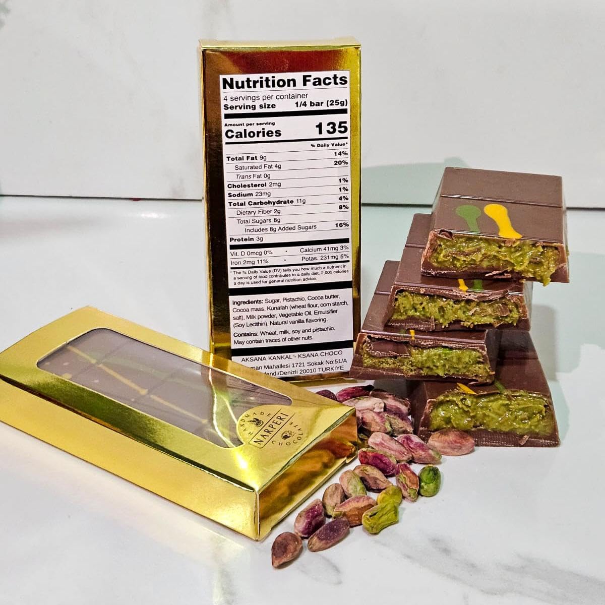 Narperi Dubai Chocolate Bar 3.5 oz Handmade with Premium Pistachio Cream, Finest Belgian Milk Chocolate and Crispy Kunafah - Valentine’s Day Gift