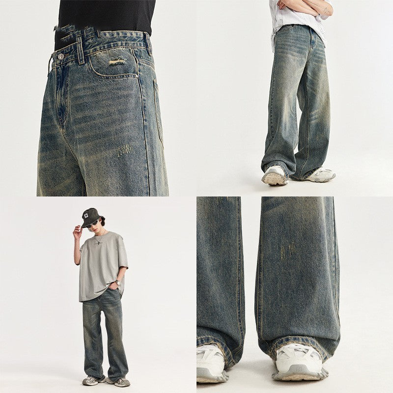 Retro Cat Beard Distressed Wide Leg Loose-Fit Jeans